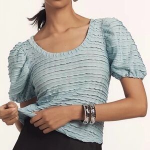 NWT By Anthropologie Textured Ruffled Top in Powder Blue Sz S Puff Sleeve